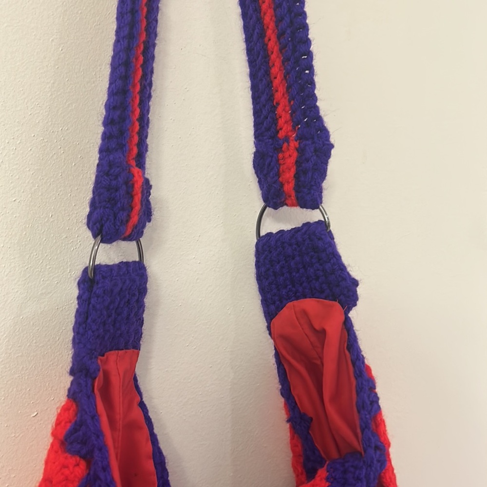 Hand Crocheted Knit Yarn Boho Tote Red Purple Purse Shoulder Bag Retro Granny - Picture 12 of 16